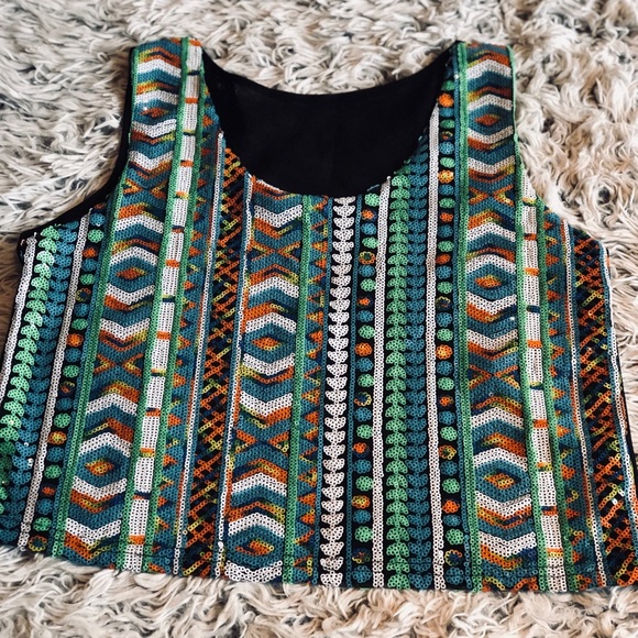 Multi-Colored Sequin Aztec Sleeveless Crop Top - Picture 1 of 7
